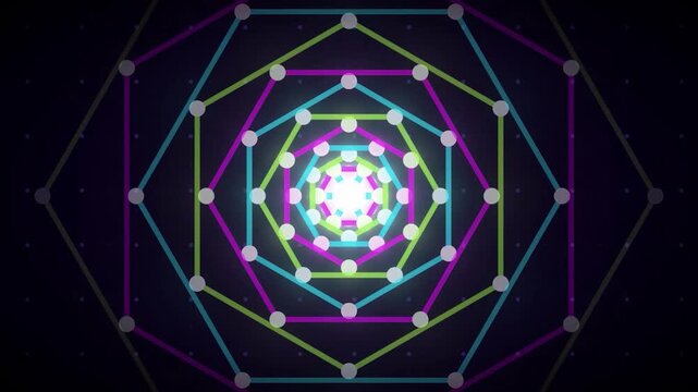 Glowing geometric octagon tunnel neon cyber art motion background