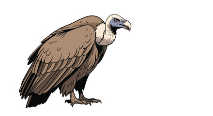 Obraz premium Detailed illustration of a large brown vulture with a white ruff around its neck standing sideways against a white background.