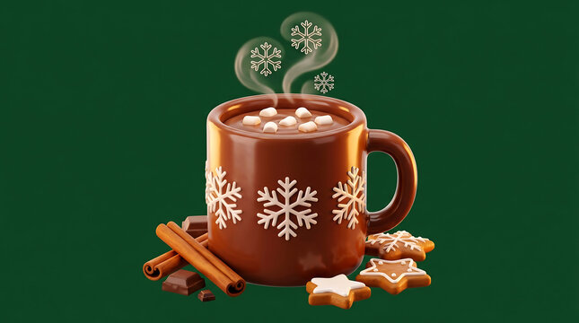 Brown mug with snowflakes and marshmallows on hot chocolate with cookies and cinnamon