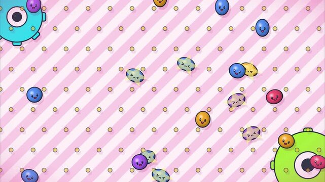 Cute cartoon monsters pink striped background kawaii loop motion