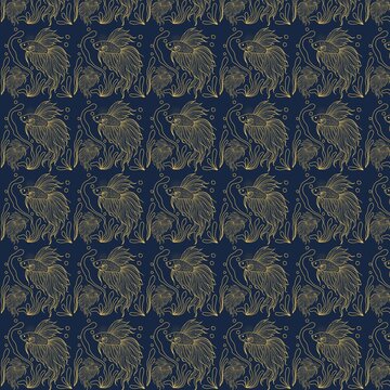Golden Line Art Betta Fish Seamless Pattern on Dark Navy Blue