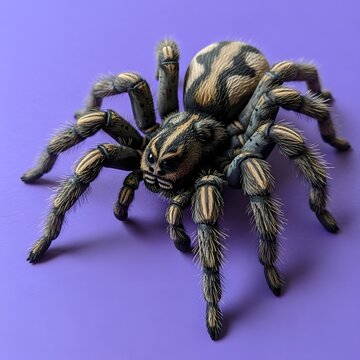 A striking close up of a colorful rabidosa rabida wolf spider on a purple surface