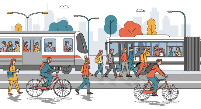 People commuting by train bus and bicycle in city illustration