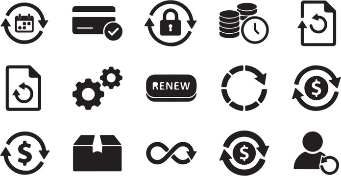Digital black icons for subscription, renewal, update, and recurring payment processes.