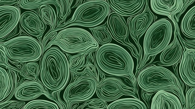 Seamless abstract repeat pattern of pale green contour outlines forming linked elliptical and kidney-shaped branching organic shapes across full dark green field, suited for textile