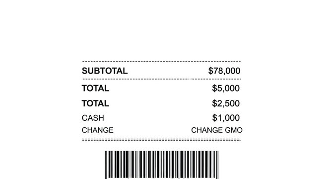 Receipt showing subtotal, total, cash, and change with barcode