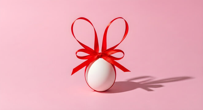 A white egg with a red ribbon tied around it sits on a pink surface.