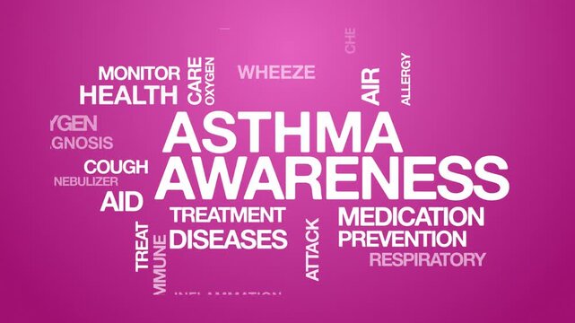 Asthma awareness concept Animated Tag Word Cloud kinetic typography, Text Design Animation typography seamless loop video motion graphics Intro Wordart arrangement pink background bg backdrop campaign