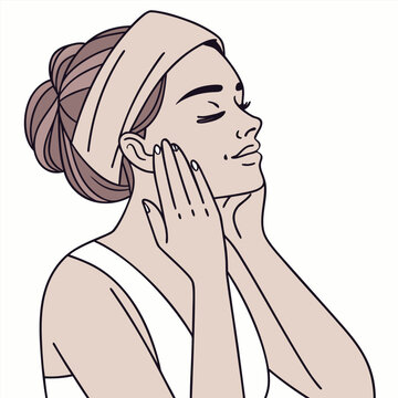 Woman applying skincare product on her face with her hands