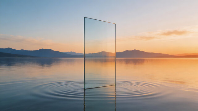 Glass panel in calm lake at sunset for outdoor lifestyle brands and nature documentaries