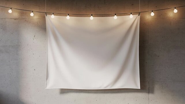 Blank white fabric banner hanging on concrete wall with string lights for event or decoration