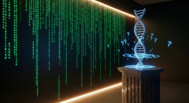 Conceptual image of DNA double helix with question marks and binary code