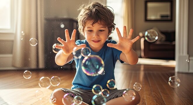 Young boy sitting on wooden floor playing with bubbles in a living room child 1