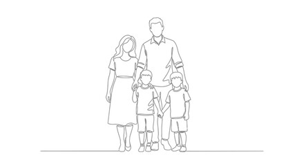 Obraz premium Simple Line Drawing Family Portrait: Parents with Two Children Holding Hands