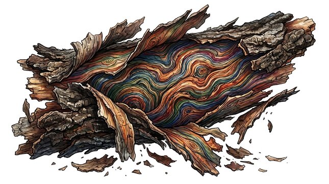 Detailed botanical cutaway illustrations revealing the vibrant, abstract core of a textured tree trunk with peeling bark