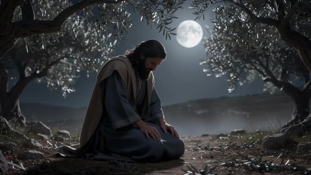 Peaceful man praying outdoors at night under full moon surrounded by olive trees in calm nature scene
