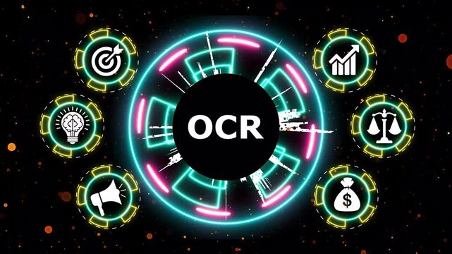 Ocr central circle motion graphics with surrounding icons footage.