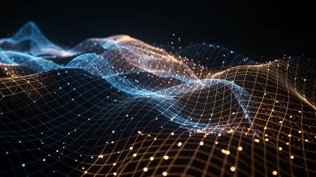 Abstract digital wave with glowing blue and gold particles futuristic technology background
