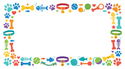 Fototapeta premium Cute Pet Border Frame with Paw Prints, Bones, Fish, Toys, and Collars