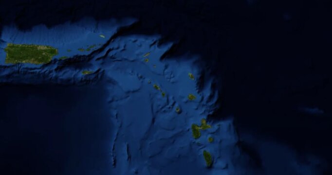 Saint Kitts on Globe. Zoom into the island with Earth spinning in space. High detail physical world map with Saint Kitts on it. Elements of this image furnished by NASA.
