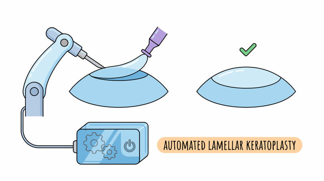 Automated Lamellar Keratoplasty (ALK) illustration. Medical robotic eye surgery procedure showing corneal reshaping, isolated on a white background.