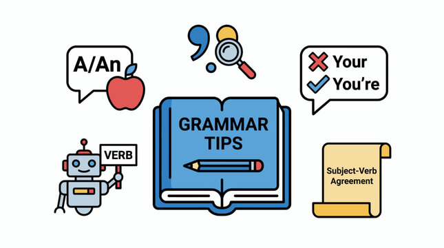 Educational infographic for grammar tips. Includes icons for parts of speech, punctuation, and writing corrections, perfect for language learning materials, isolated on white background.