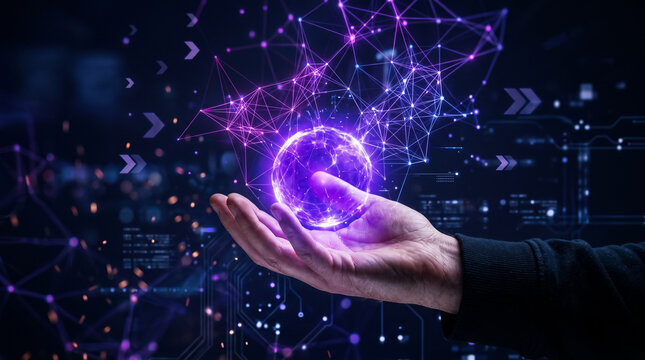 Conceptualization of abstract futuristic technology and network connections held within a human hand