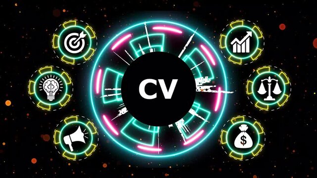 Abstract futuristic motion graphic animation showing circular cv concept symbols.