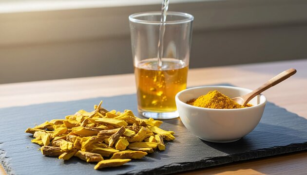 Dried tree turmeric bark pieces and herbal extract powder with a glass of wellness tonic beverage on slate.