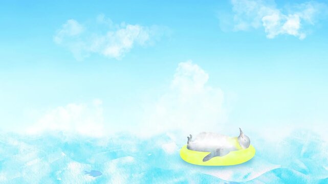 浮き輪でのんびり海に浮かぶ大人ペンギンと入道雲の爽やか水彩ループアニメーション。夏の背景素材。