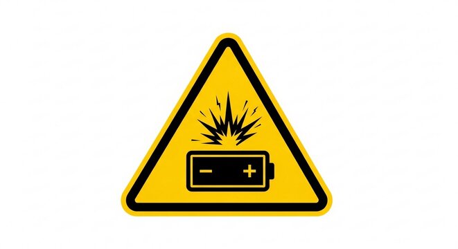 Bright yellow triangular warning sign featuring a bold black icon of an exploding battery to represent potential fire hazards and dangerous electrical power storage risks