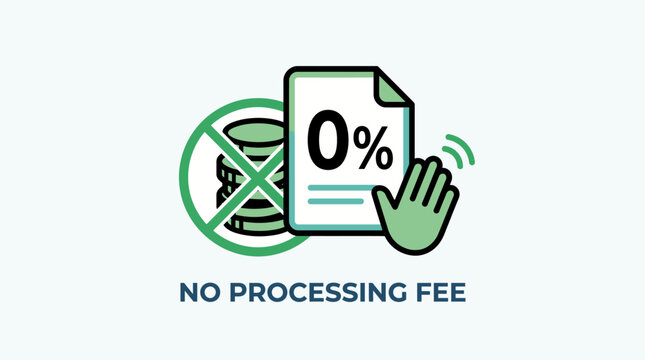 Vector illustration representing a 0% processing fee, featuring a document with zero percent text, a crossed-out coin stack, and a hand icon. Concept for free finance, banking, or no-fee service.