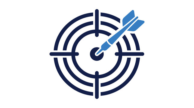 A blue dart hitting the exact center of a dark blue circular arch target board icon vector