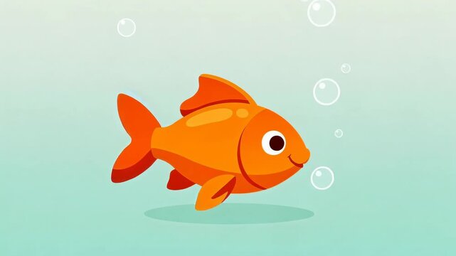 Cute cartoon goldfish swimming underwater with bubbles on a light blue background