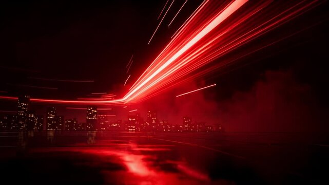 Futuristic red light streaks glowing over dark urban cityscape with smoke and reflections at night