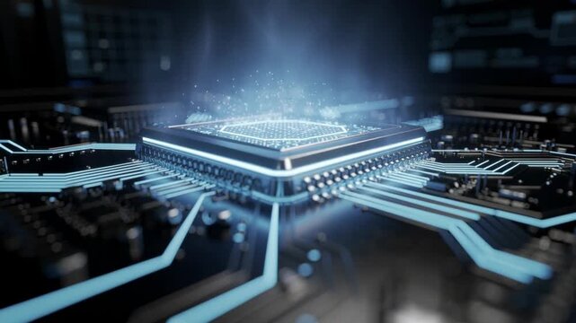 Close up of glowing futuristic computer microchip with blue circuit lines on motherboard technology background