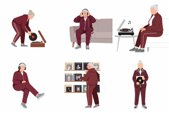Senior Woman Enjoying Vinyl Records Collection, Listening to Music with Headphones, and Playing LPs on Turntable Vector Set