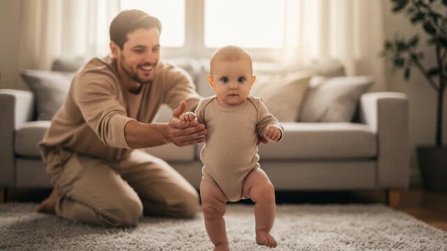 Happy father helping baby take first steps in cozy living room with natural light and modern decor