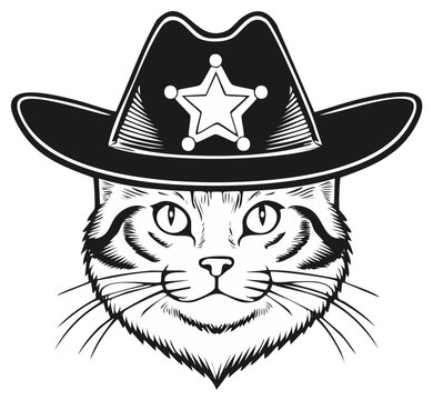 Cat wearing sheriff hat, vector illustration in black and white, isolated