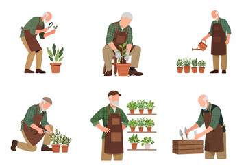 Set of Senior Gardener Character Doing Various Gardening Activities like Watering, Potting, and Pruning Plants in Flat Vector Style © Kios