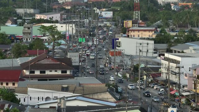 sunset time phuket island beach town traffic central road aerial panorama 4k thailand
