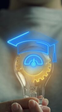 Apprentice concept, a person who is undergoing apprenticeship training in pursuance of a contract of apprenticeship. Woman holding lightbulb to show gear with graduation hat icon on virtual screen.