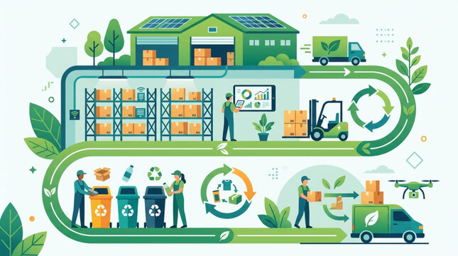 Sustainable logistics and supply chain management illustration.