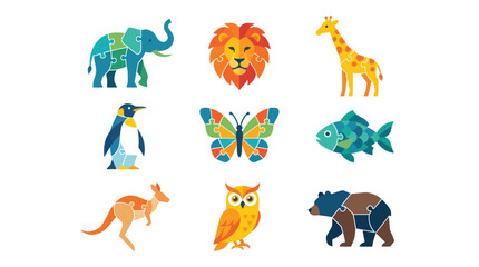 Colorful Mosaic Animal Illustrations: Elephant, Lion, Giraffe, Penguin, Butterfly, Fish, Kangaroo, Owl, Bear © hidayati