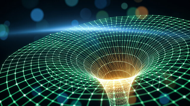 Abstract representation of a digital vortex or black hole with glowing grid pattern and bokeh lights