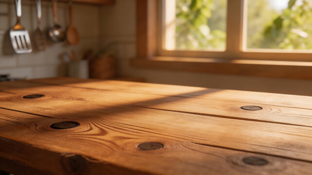 Wooden table in a kitchen with sunlight highlighting geometric patterns and contemporary art