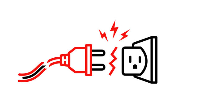 Unplugged electrical plug with red sparks connecting to wall socket, concept of disconnection
