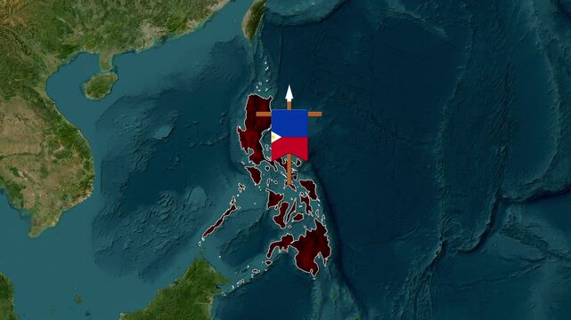 Philippines country map outline with flag flying over oceanographic topographic footage motion clip