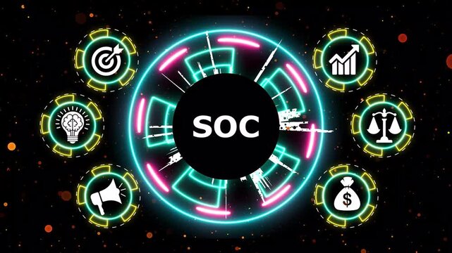 Service organization control concept with glowing neon data visualization hud.