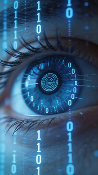 Human eye with digital binary code overlay representing smart infrastructure and connectivity